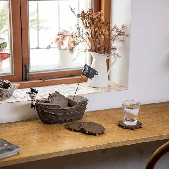 Pirate Ship Coasters Set of 6, Full Size Rustic Coaster in Handmade Canoe, Cute - Picture 5 of 7